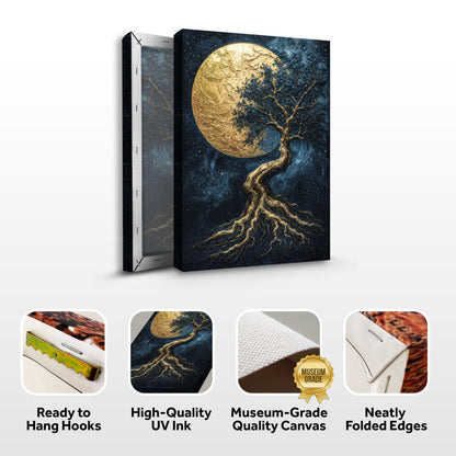 Tree of Life wall art with side view and icons for hanging hooks, UV ink, canvas quality