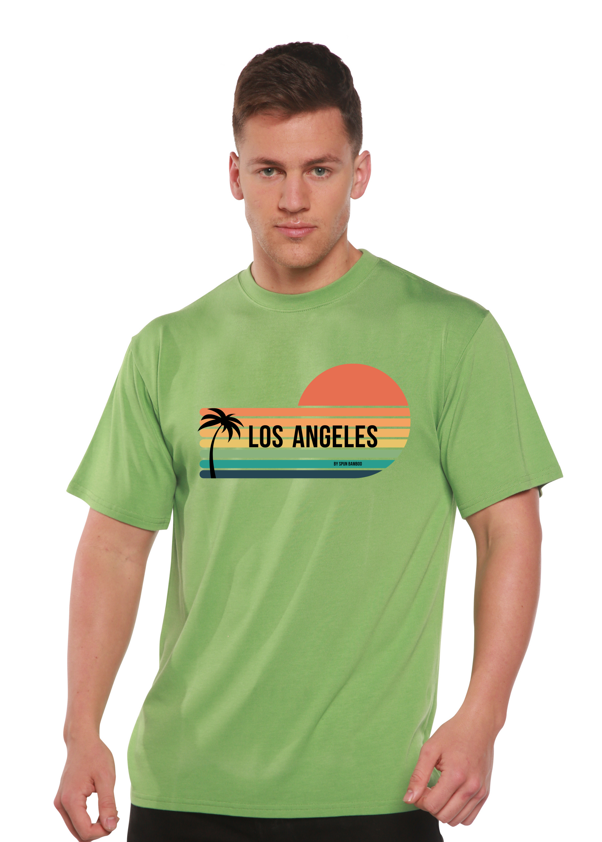 Unisex short sleeve graphic T-shirt in green with Los Angeles sunset logo