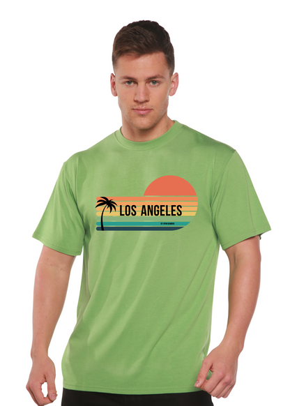 Unisex short sleeve graphic T-shirt in green with Los Angeles sunset logo