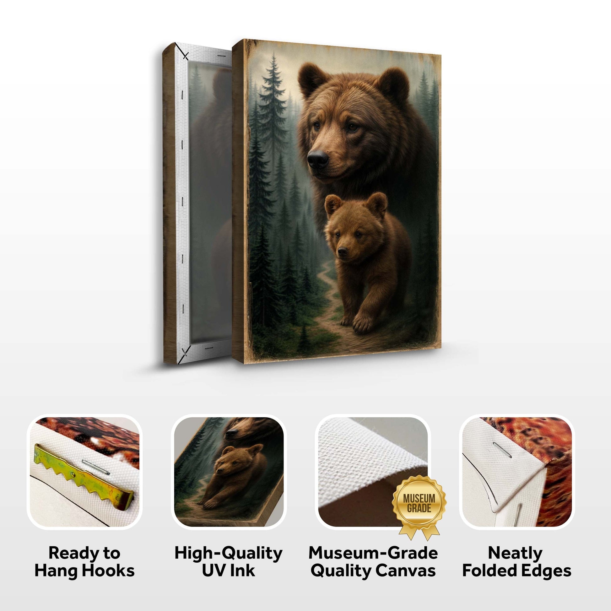 Bear and cub wall art canvas shown folded with forest background and brown tones