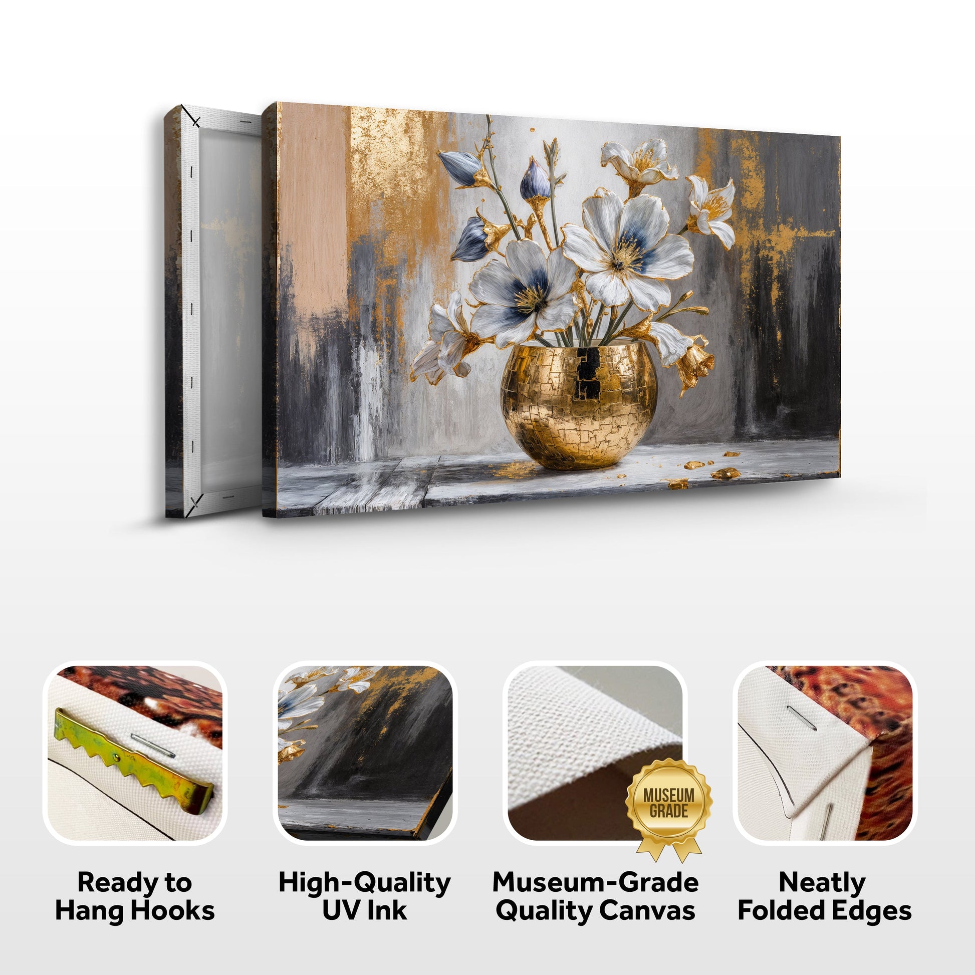 Landscape canvas wall art mockup with blue flowers in a gold vase plus quality icons