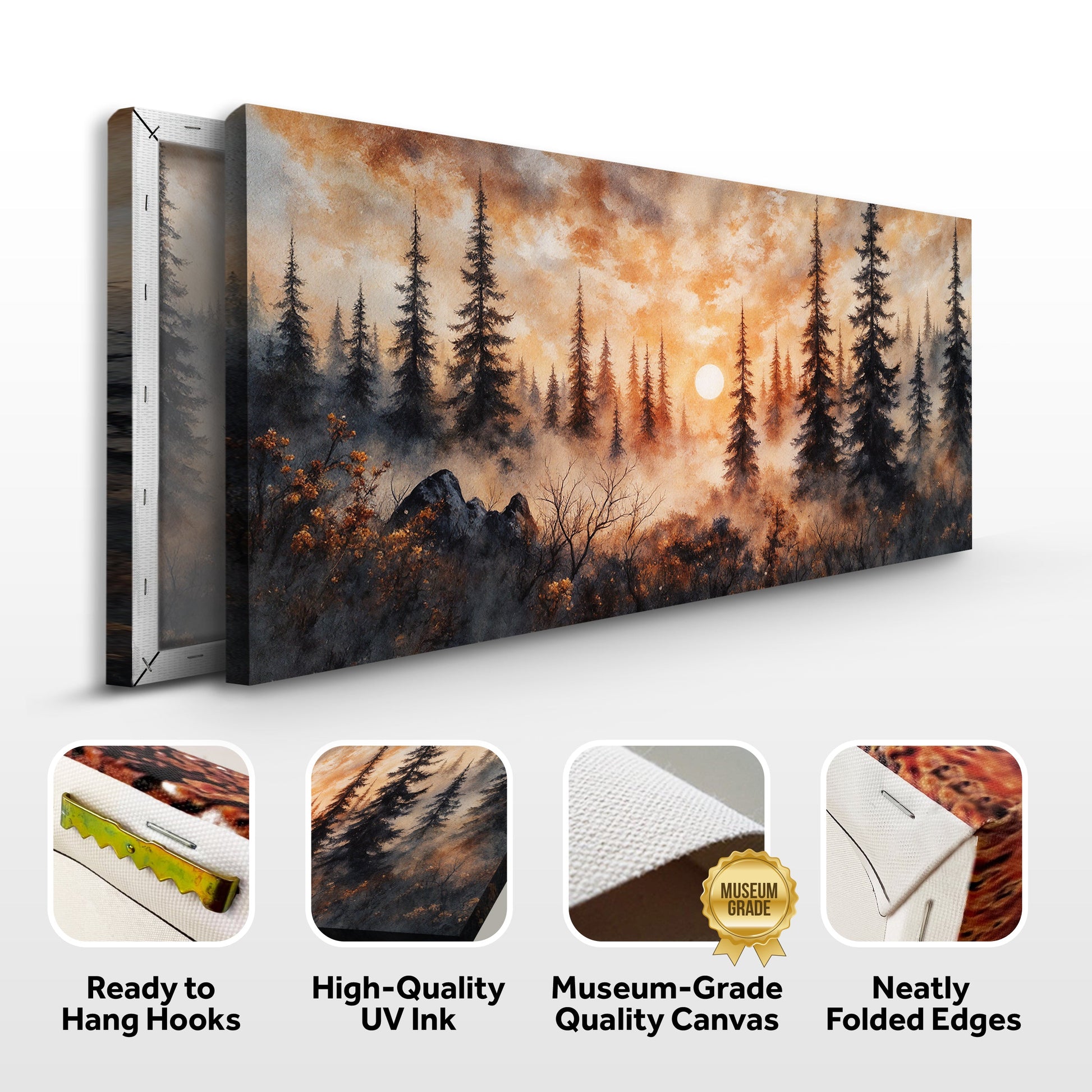Angled view of forest sunset wall canvas with pine trees and a glowing moon over warm sky.