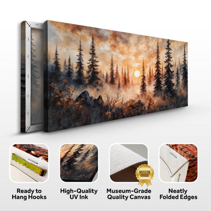 Angled view of forest sunset wall canvas with pine trees and a glowing moon over warm sky.