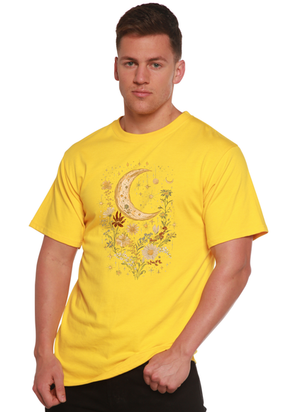 Bright yellow unisex T-shirt with crescent moon and floral boho graphic on chest