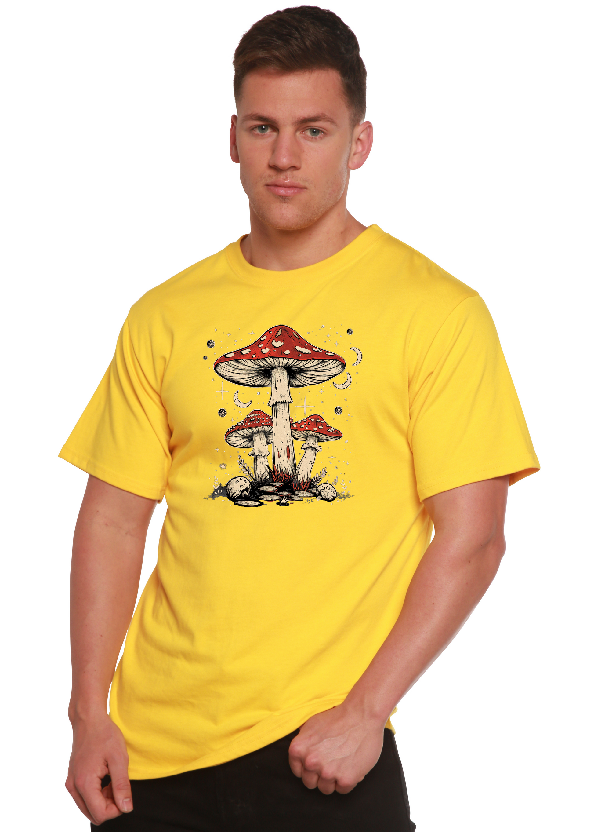 Unisex graphic t-shirt in golden yellow with red mushroom artwork centered