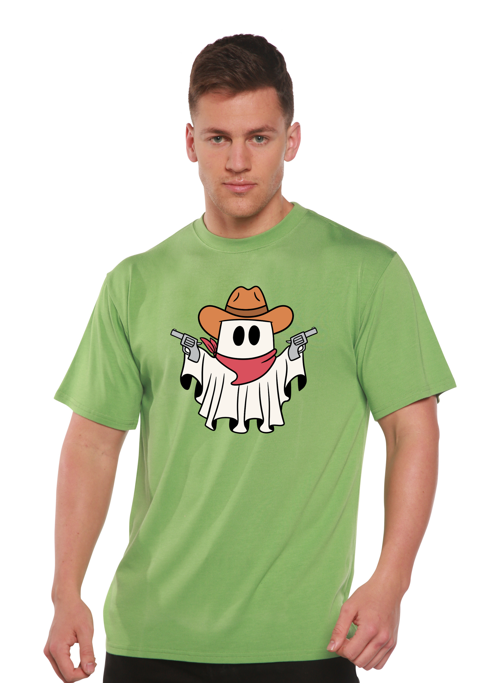 Light green short-sleeve graphic T-shirt with cowboy ghost illustration
