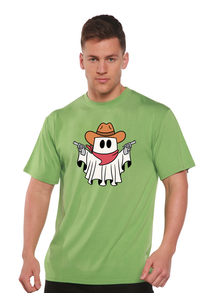Light green short-sleeve graphic T-shirt with cowboy ghost illustration