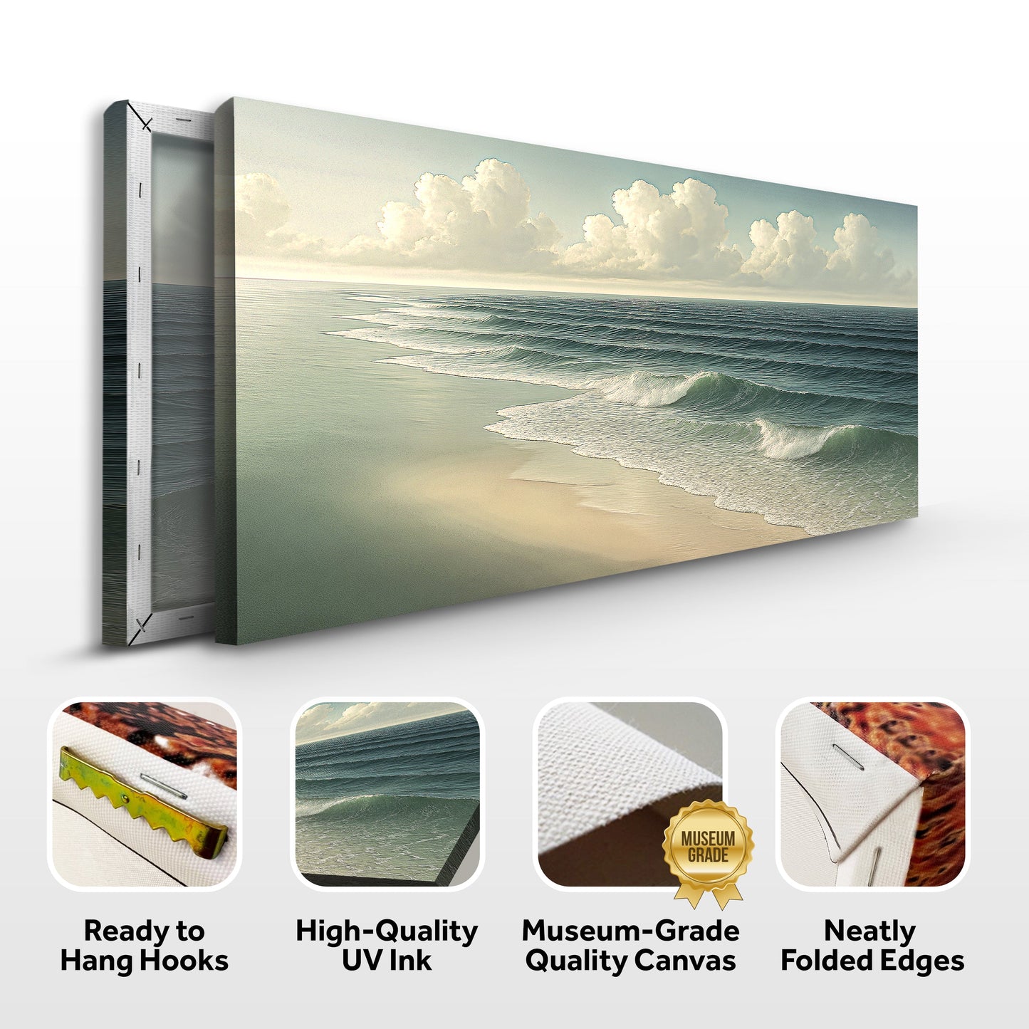 Ready-to-hang beach shoreline canvas wall art with ocean waves and sandy beach; icons shown