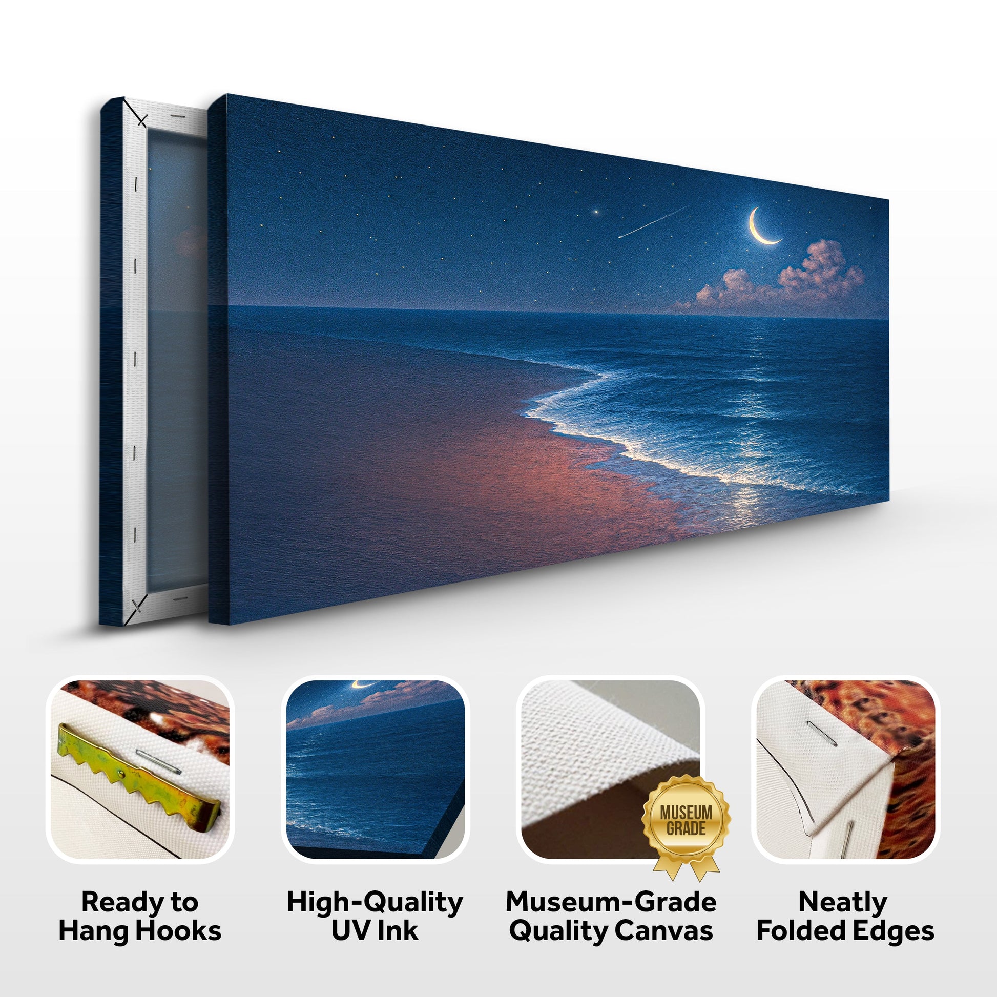 Framed beach shoreline wall art canvas with moon over ocean and sandy beach