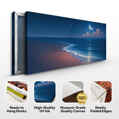 Framed beach shoreline wall art canvas with moon over ocean and sandy beach