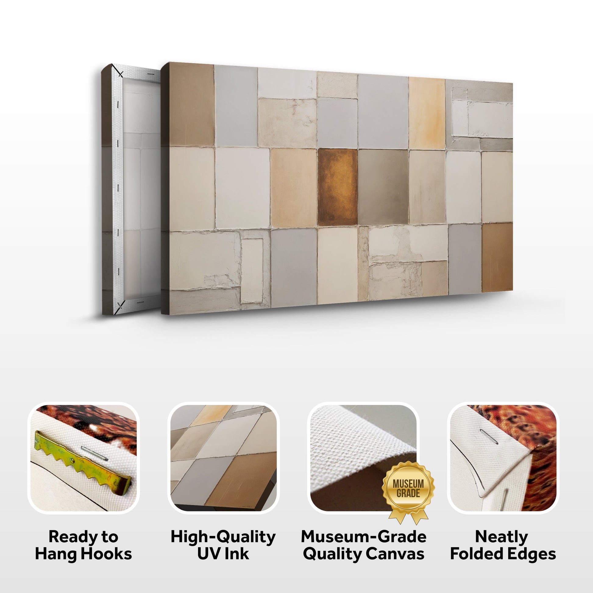 Geometric patchwork wall art canvas with cream, gray, and warm gold square blocks