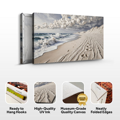 Sand beach canvas wall art with ocean surf and footprints, side view