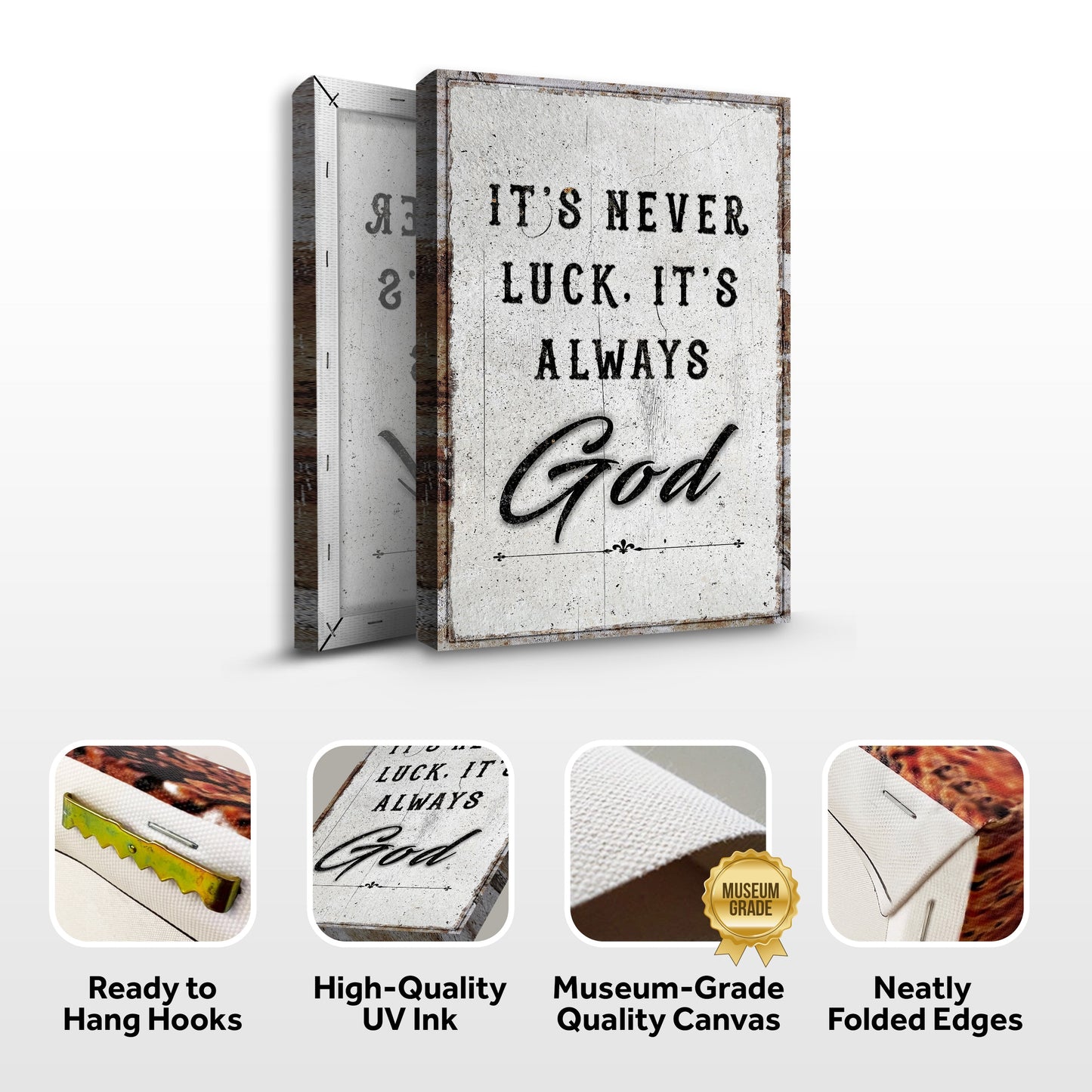Folded-edge framed wall art print with "It's never luck, it's always God" and icons