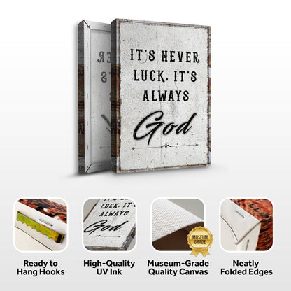 Folded-edge framed wall art print with "It's never luck, it's always God" and icons