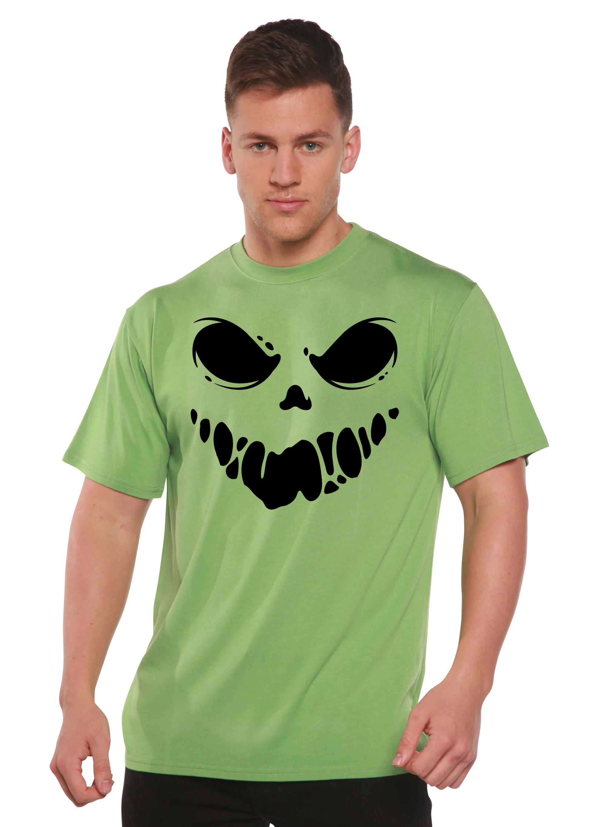 Men's green short sleeve graphic T-shirt with black skull face print