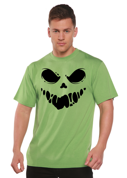 Men's green short sleeve graphic T-shirt with black skull face print
