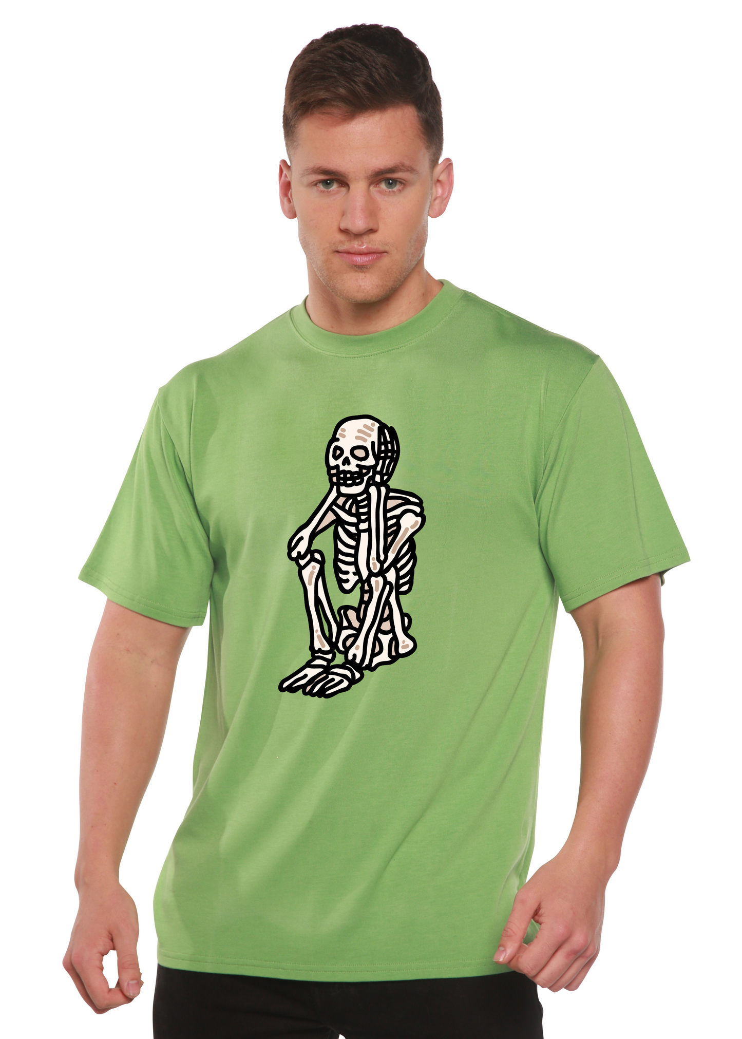 Unisex short-sleeve graphic T-shirt, light green with black skeleton front print