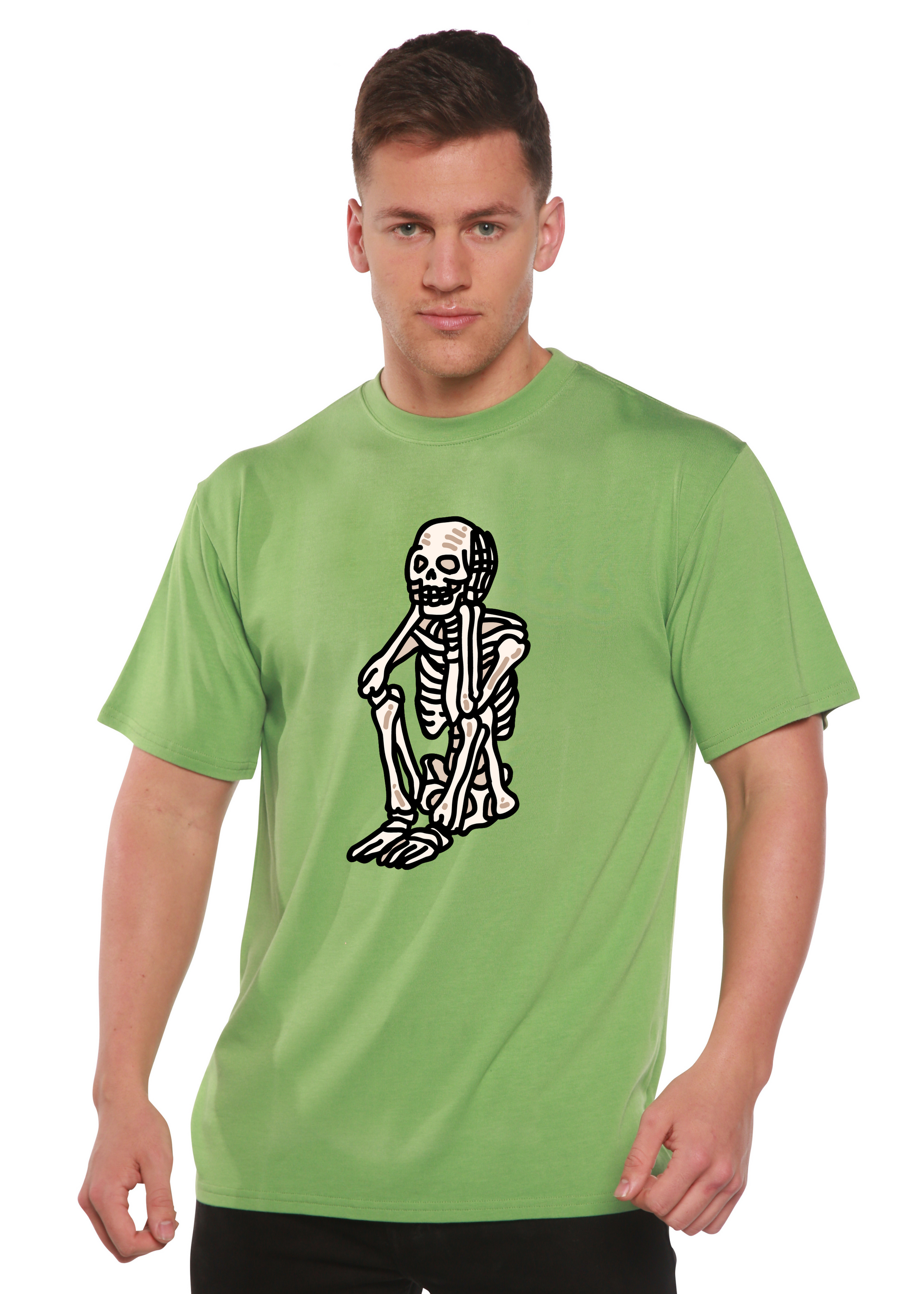 Unisex short-sleeve graphic T-shirt, light green with black skeleton front print