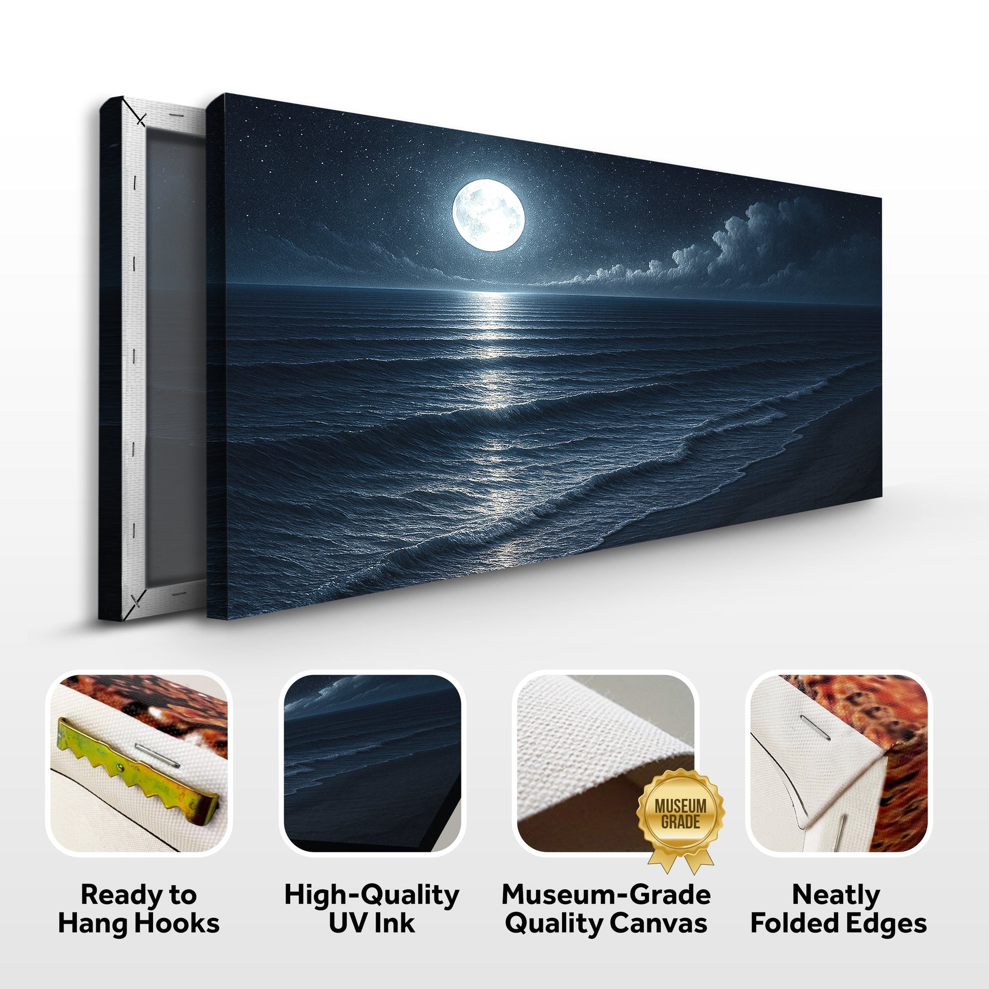 Coastal moonlit beach canvas wall art with ready-to-hang black frame