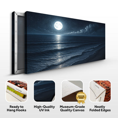 Coastal moonlit beach canvas wall art with ready-to-hang black frame