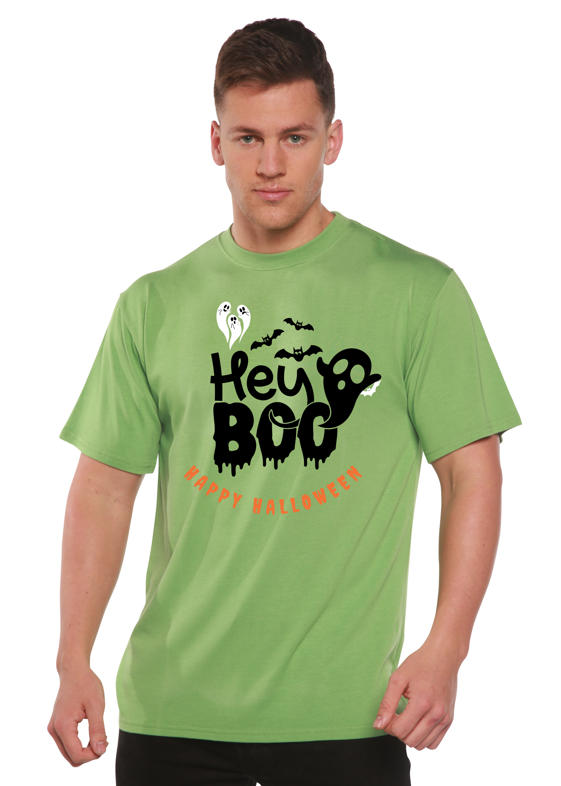 Men's green graphic T-shirt with 'Hey Boo' Halloween text and ghost/bat print