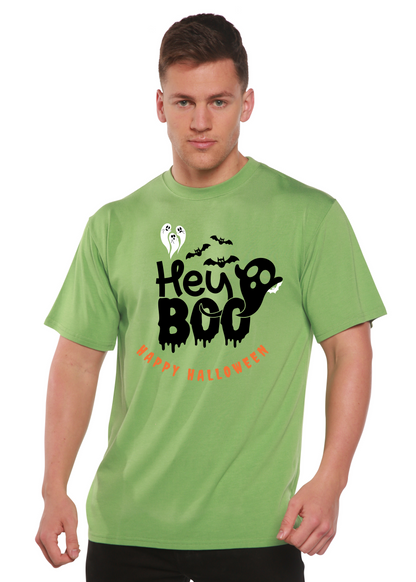Men's green graphic T-shirt with 'Hey Boo' Halloween text and ghost/bat print