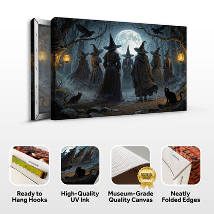 Halloween witch wall art canvas with full moon, cloaked figures, and black cat; hooks shown.