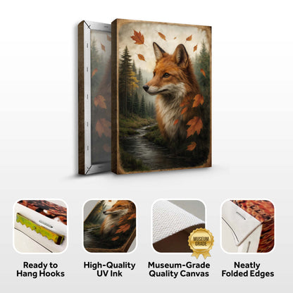 Autumn fox canvas wall art with visible side edges, vertical framed print