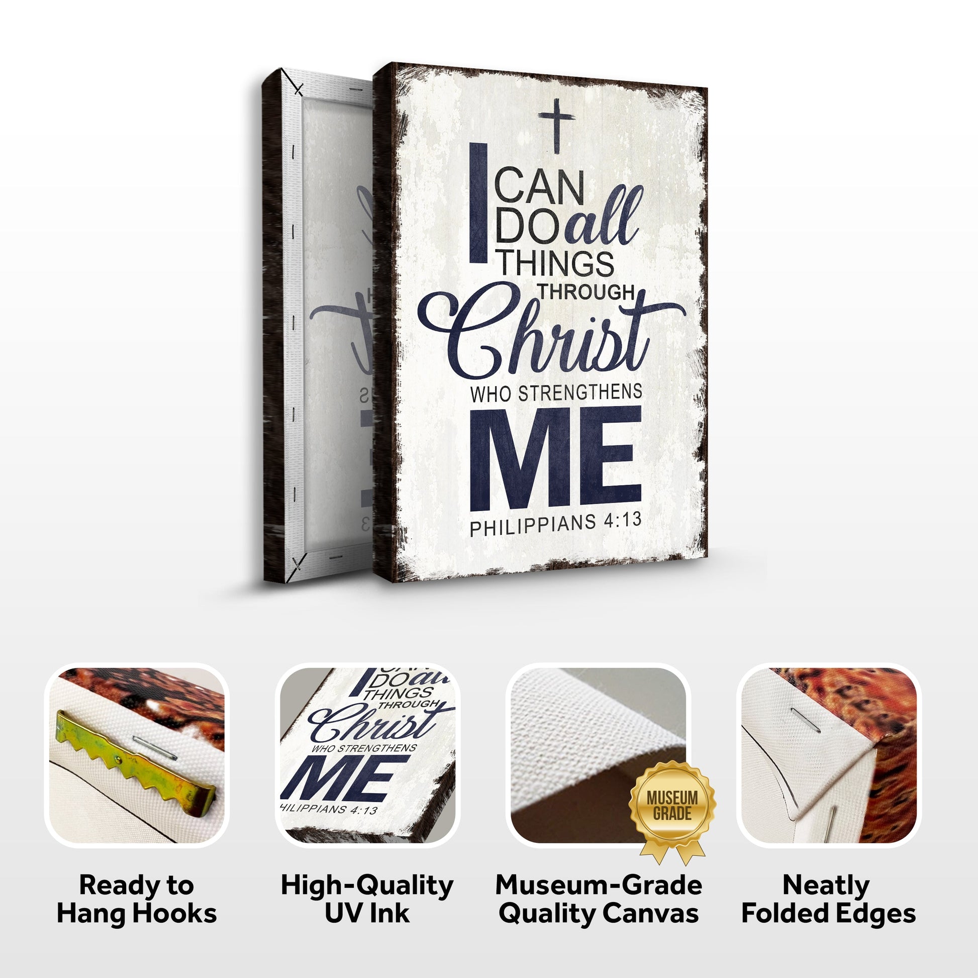 Canvas sign set showing fold, UV ink, museum-grade canvas, and neatly folded edges
