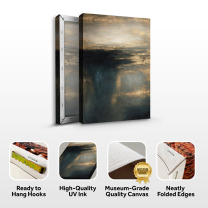 Folded vertical landscape canvas wall art with teal and gold abstract scene