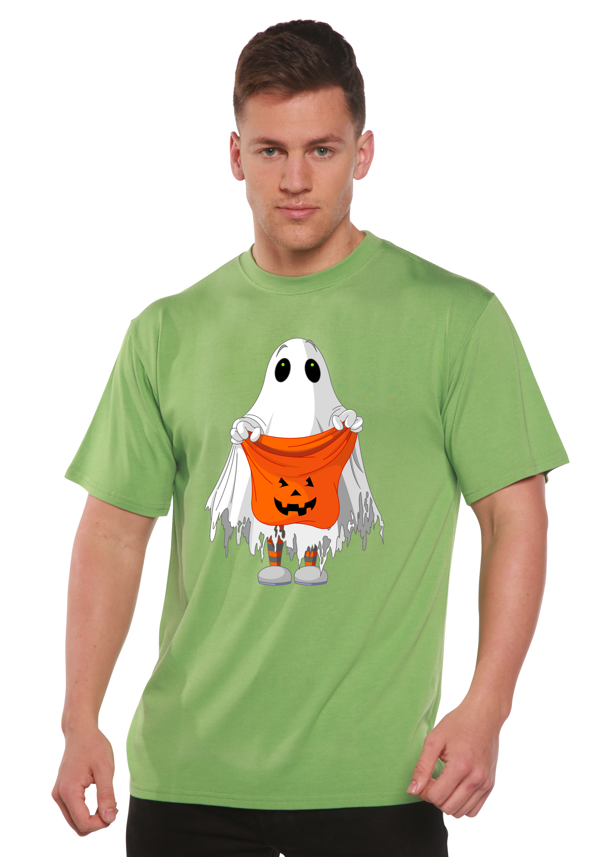 Men's light green short-sleeve graphic t-shirt with ghost holding orange jack-o'-lantern bucket