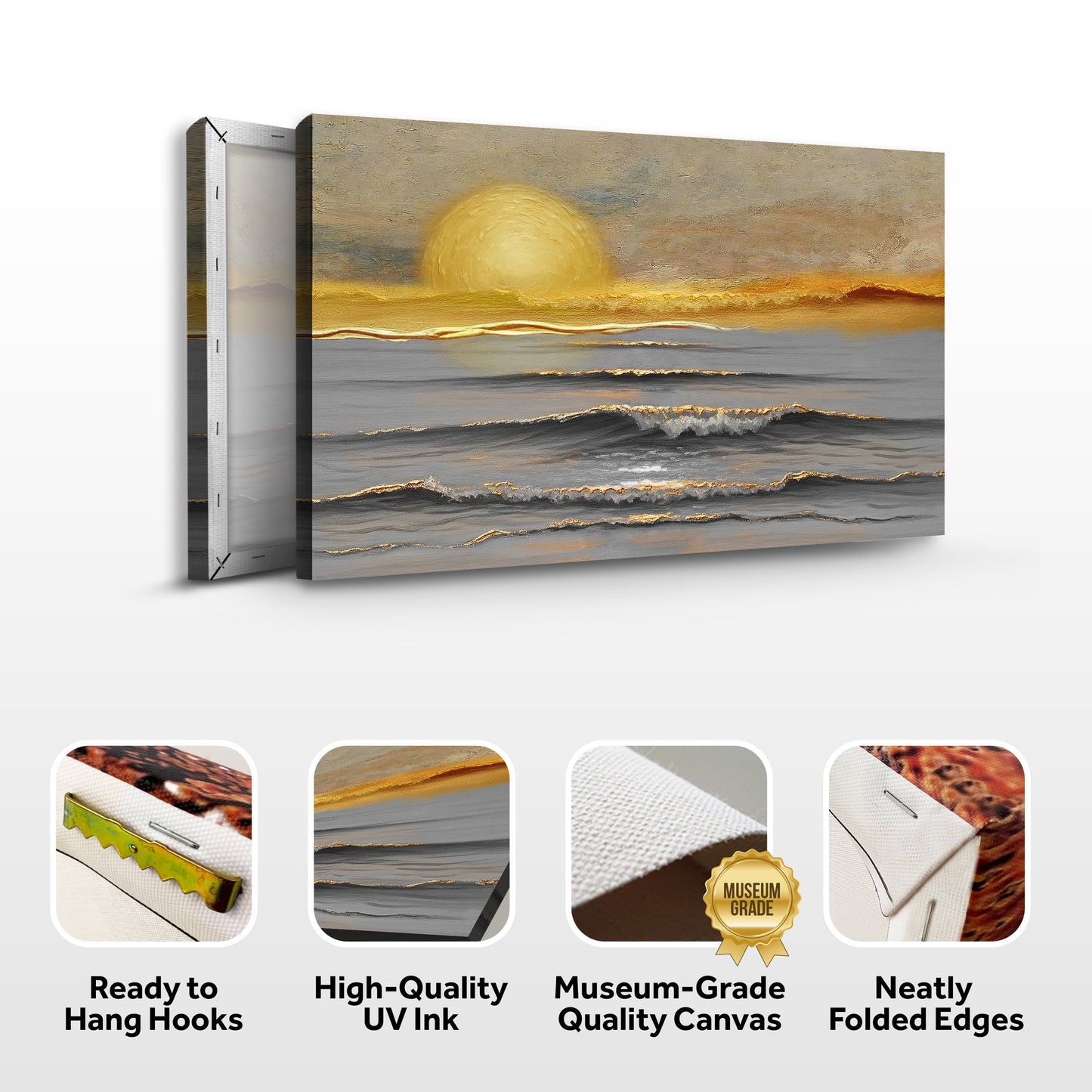 Ready-to-hang ocean wall art canvas in landscape with yellow sun and gray waves