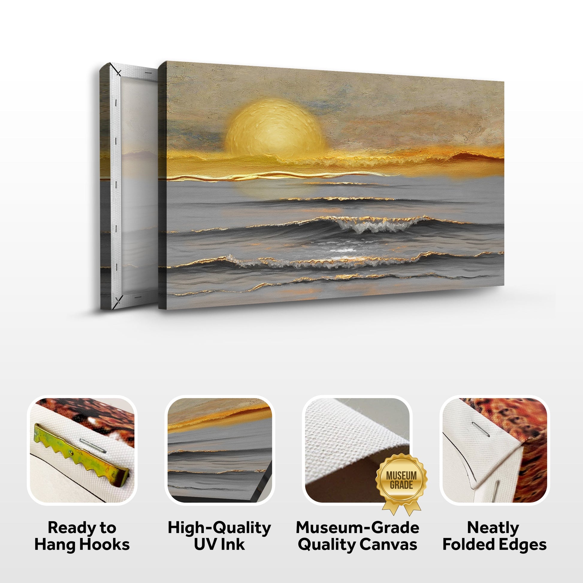 Ready-to-hang ocean wall art canvas in landscape with yellow sun and gray waves