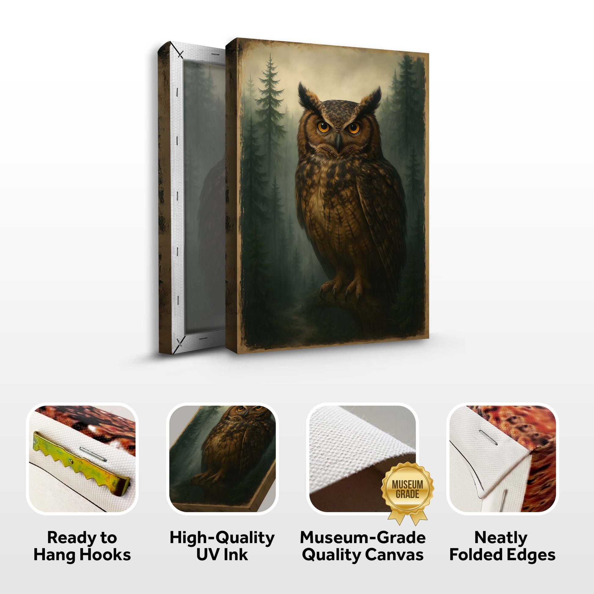Folded owl wall art canvas with forest scene and hanging-ready product icons