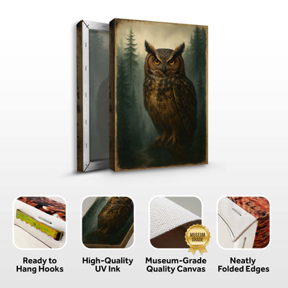 Folded owl wall art canvas with forest scene and hanging-ready product icons