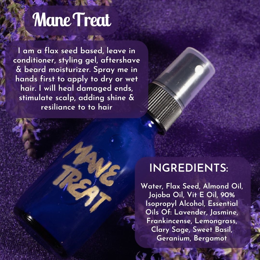 Mane Treat blue spray bottle with metallic nozzle beside ingredients text panel