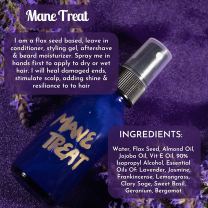 Mane Treat blue spray bottle with metallic nozzle beside ingredients text panel