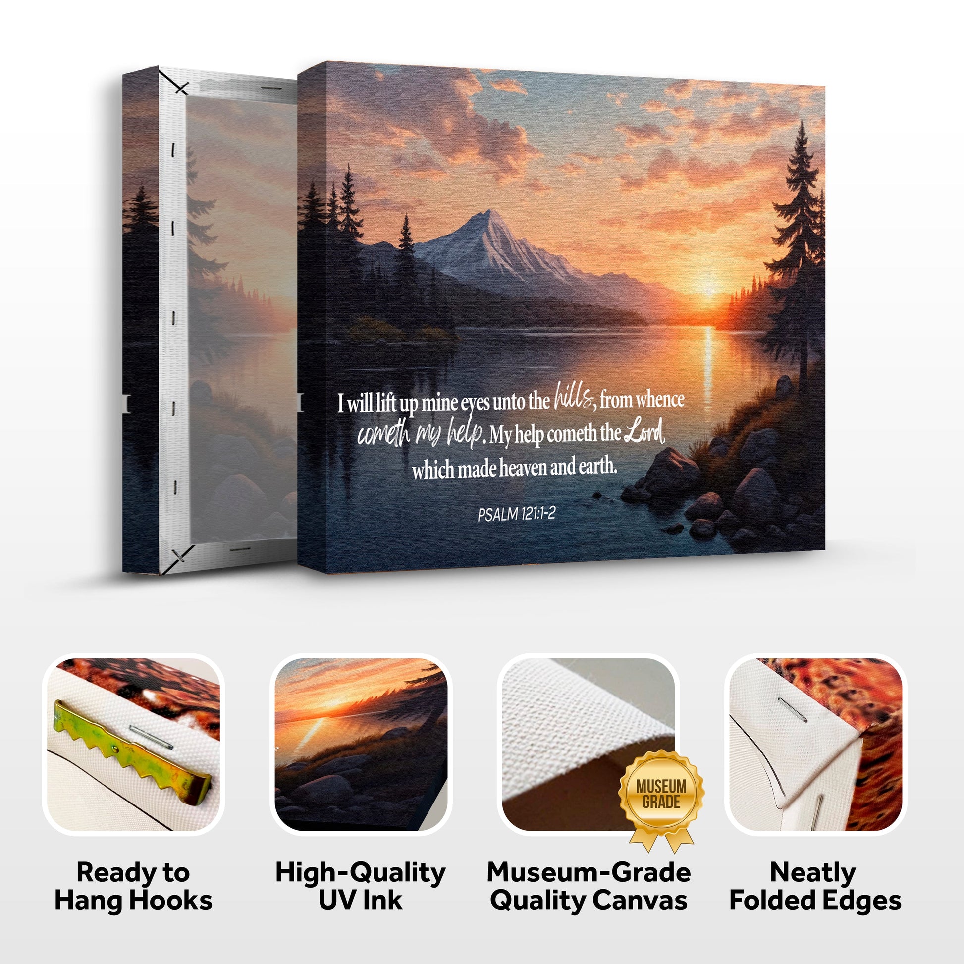 Faith wall canvas shown with folded edges and quote, plus feature icons