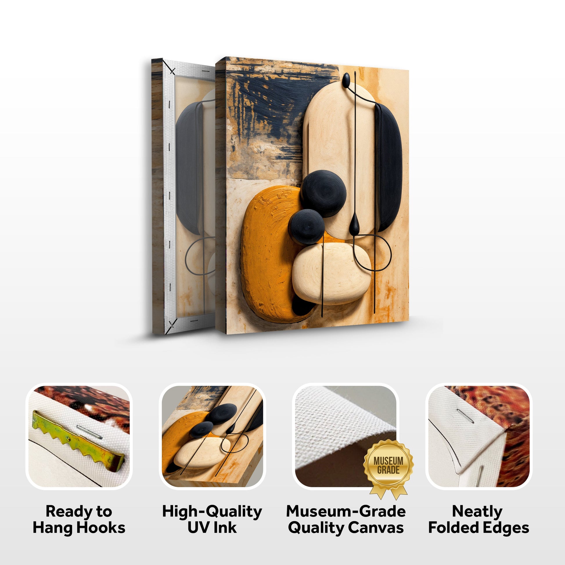 Wrapped canvas wall art with hardware icons and folded-canvas quality callouts