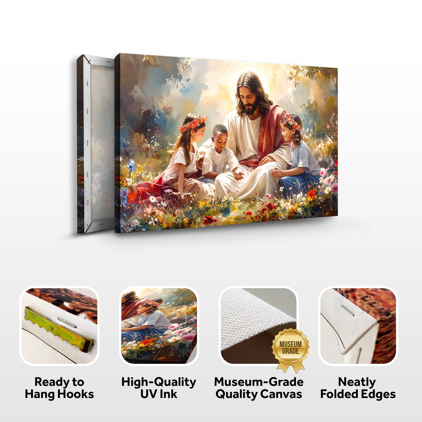 Framed canvas artwork of Jesus with children with icons for hanging and quality