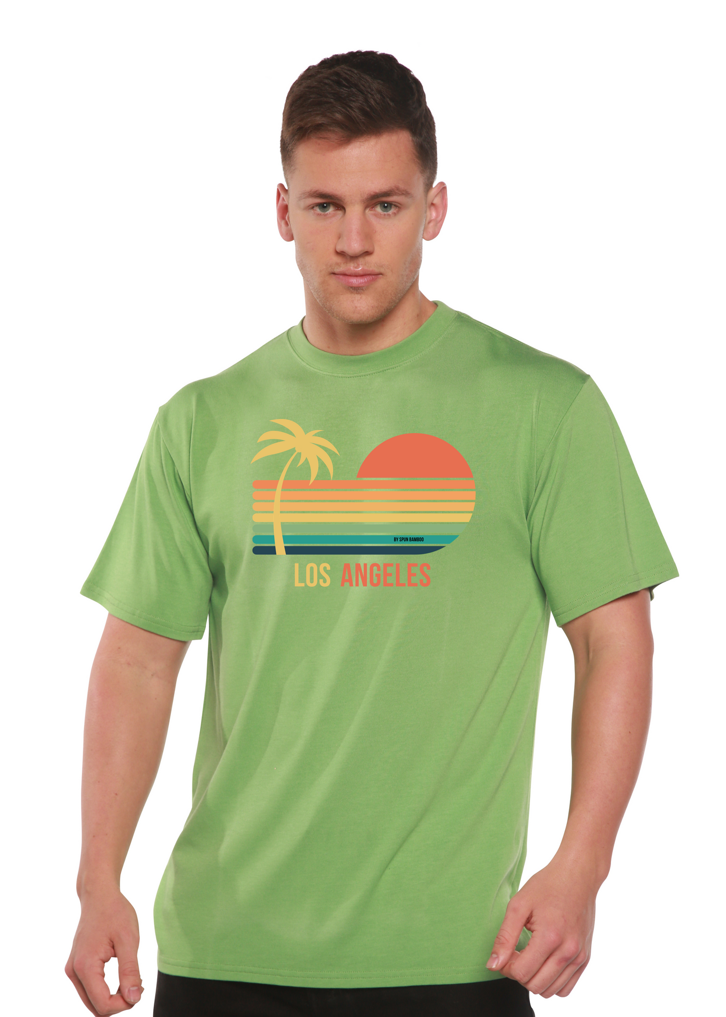 Unisex graphic T-shirt in green, palm-sunset print with 'Los Angeles' text