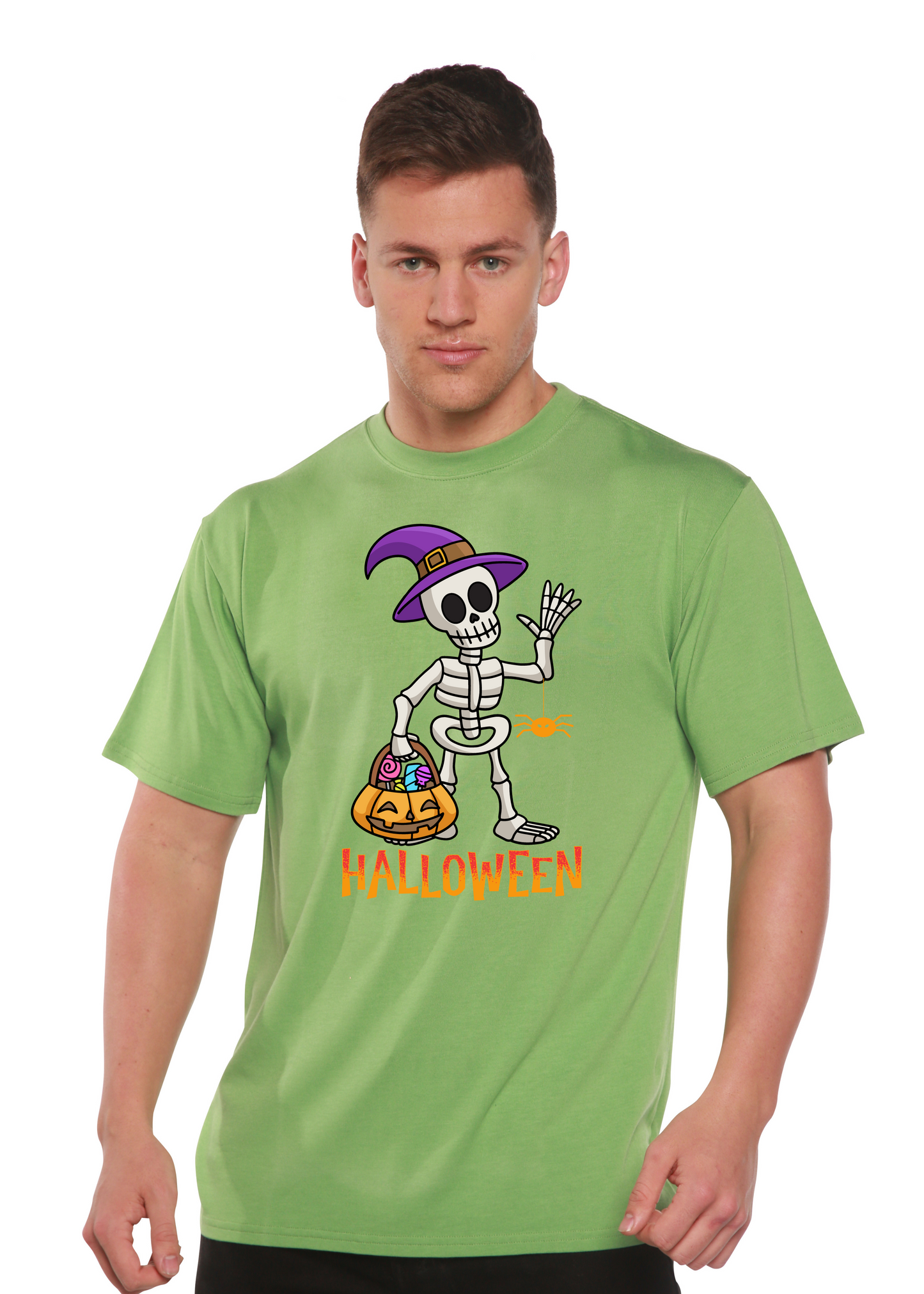 Unisex green graphic T-shirt with waving skeleton and HALLOWEEN lettering