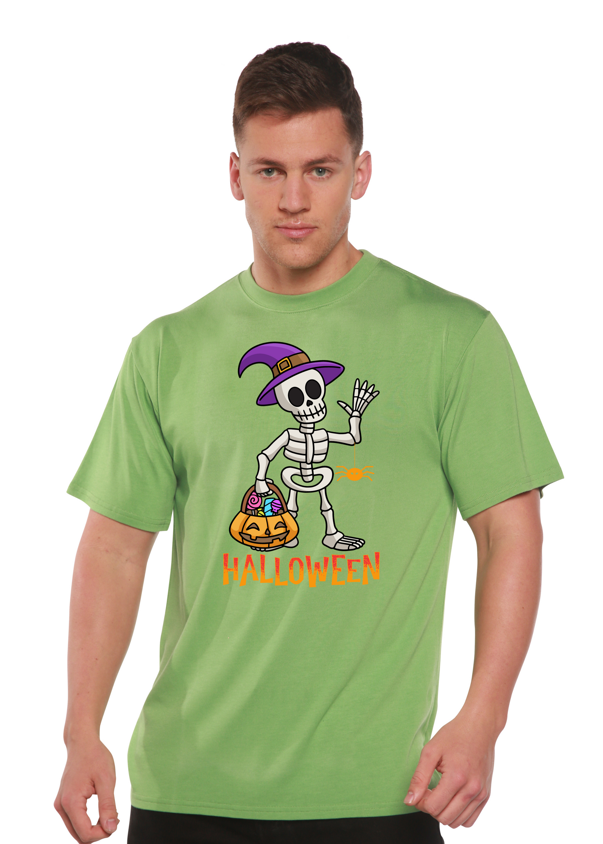 Unisex green graphic T-shirt with waving skeleton and HALLOWEEN lettering