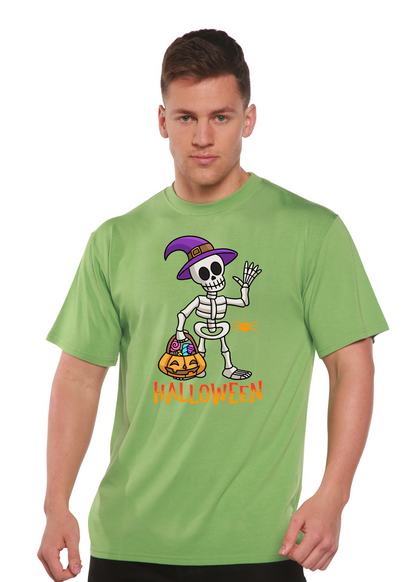Unisex green graphic T-shirt with waving skeleton and HALLOWEEN lettering