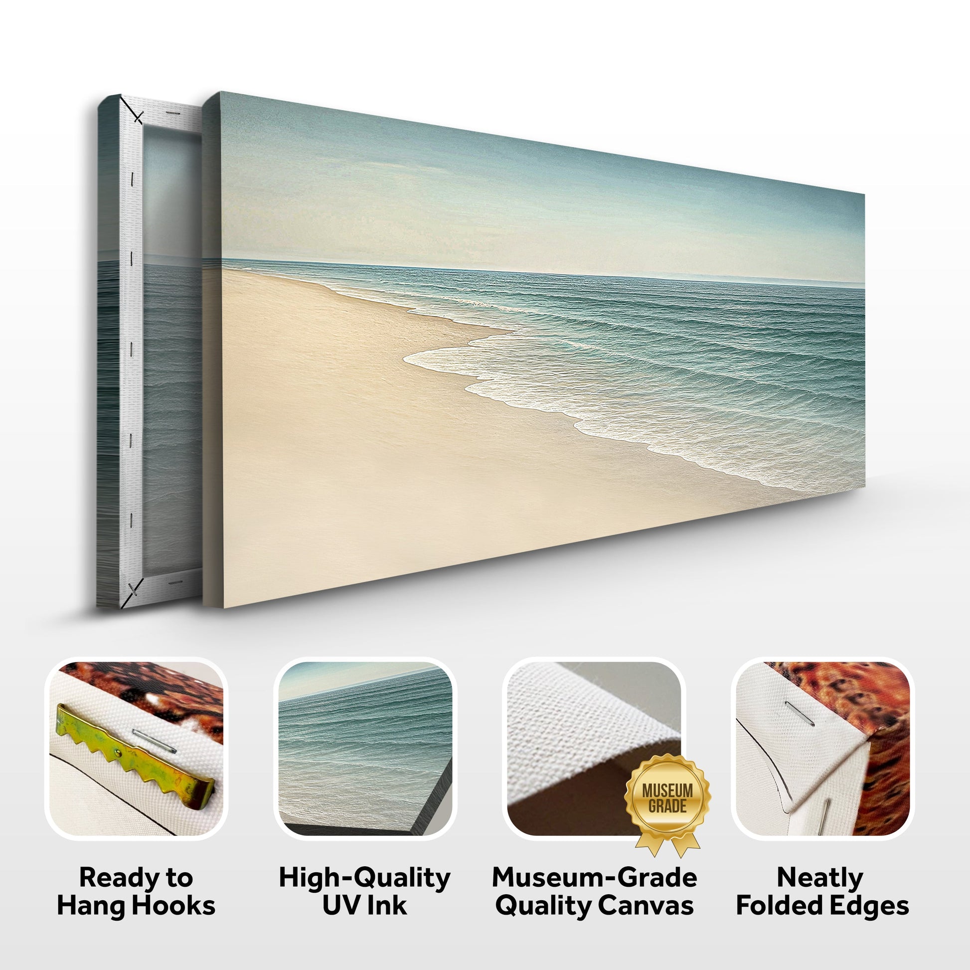 Framed beach shoreline wall art canvas shown from the side, with teal ocean and sand.