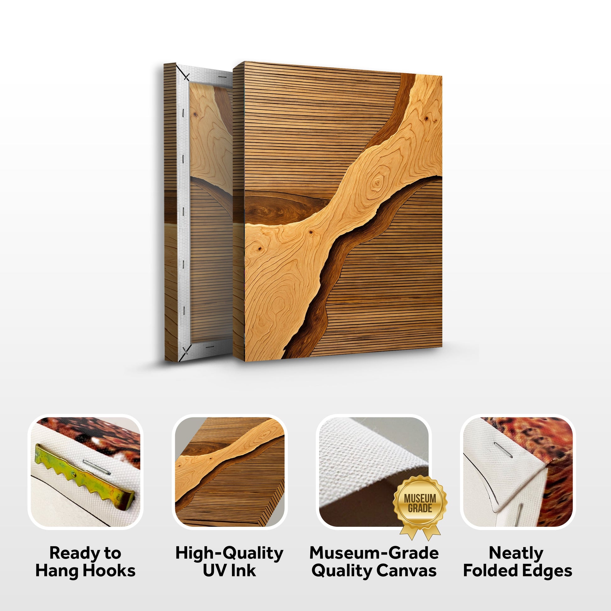 Wood rift wall art canvas shown in perspective with hanging and wrap icons