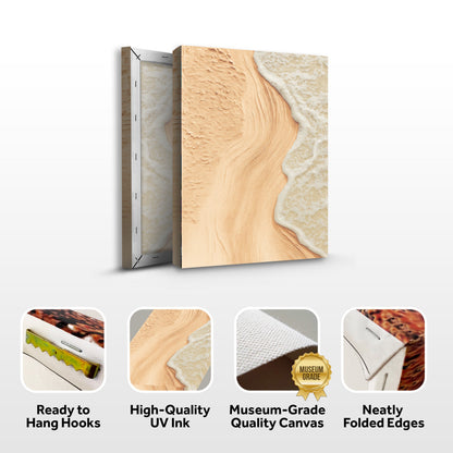 Beige coastal wall art canvas with sand texture and white wave, shown hinged