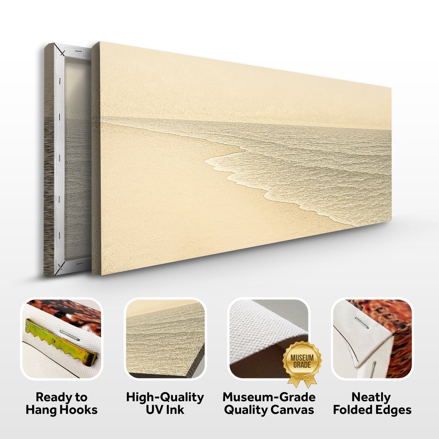 Stretched coastal wall art canvas with beach shoreline, side profile, and quality icons