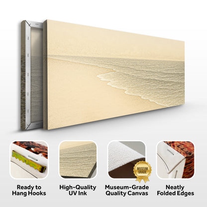 Stretched coastal wall art canvas with beach shoreline, side profile, and quality icons