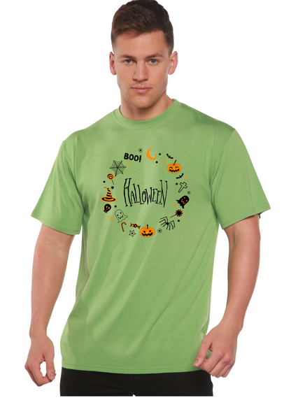Men's green Halloween graphic t-shirt with circular pumpkin and skeleton print